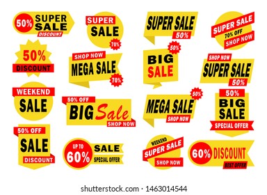 Sale banner set. Sale tags collection. Special offer, big sale, discount, best price, mega sale banner set. Sticker, badge, coupon store. Vector Illustration