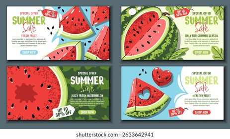 Sale Banner Set with and Watermelon Slices in Flat Design. Horizontal Summer Promotion Graphics for E-commerce, Retail, Food Offers, Social Media and Marketing Campaigns