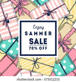 Sale banner sketch illustration with boxes. Special offer and discount poster.
Illustration isolated on white background. Template for label poster, logo, web, card, background banner