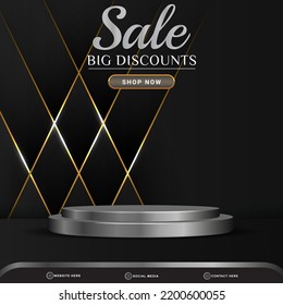 sale banner social media template post with blank space 3d podium for product with abstract gradient black background design