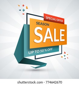 Sale banner. Special offer and discount vector template with 3d perspective effect. Up to 50 percent off badge or tag. Half price colorful sticker. Shopping background