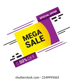 Banner de venta, oferta especial, diseño plano, 50% de descuento, descuento, diseño plano, antecedentes de marketing, ilustración vectorial,
banner color amarillo púrpura de 2 colores