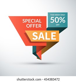 Sale banner. Special offer label. 50 percent off vector background. Half price colorful sticker. Shopping badge