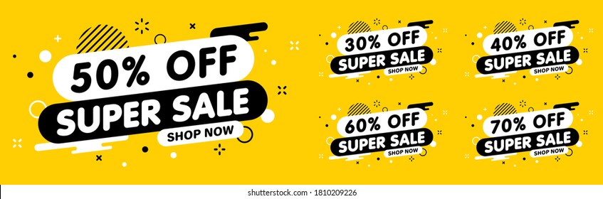 Sale banner, special offer and sale. Shop now or this weekend only. Up to 50 or 60 or 70 off. Discount, promotion, web banner, mega sale. Vector illustration.