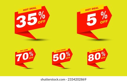 Sale banner special offer tag discount template set. Half price, buy now and hot deal special offer with 50, 35, 70, 80 percent off for cheap economic shopping illustration isolated on white