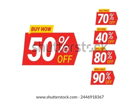 Sale banner special offer tag discount template set. Half price, buy now, hot deal, mega sale and big sale with 50, 70, 40, 80, 90 percent off for cheap economic shopping vector illustration.