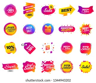 Sale banner. Special offer template tags. Cyber monday sale discount. Black friday shopping icons. Best ultimate offer badge. Super shopping discount icons. Mega banners set vector