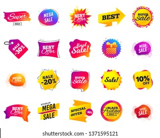 Sale banner. Special offer template tags. Cyber monday sale discount. Black friday shopping icons. Best ultimate offer badge. Super shopping discount icons. Mega banners set vector