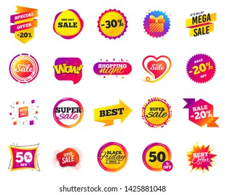 Sale banner. Special offer template tags. Cyber monday sale discount. Black friday shopping icons. Best ultimate offer badge. Super shopping discount icons. Mega banners set vector
