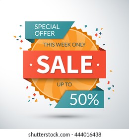 Sale banner. Special offer template. Up to 50 percent off vector label or badge. Half price colorful sticker. Shopping background