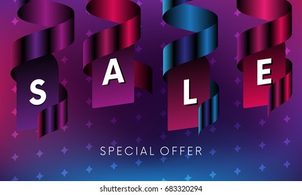 Sale banner with special offer text and ribbons on colorful background with stars. Vector illustration.