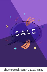 Sale banner with speech bubble and geometric abstract composition. Promotion card with text. Violet poster for advertising design. Vector illustration.