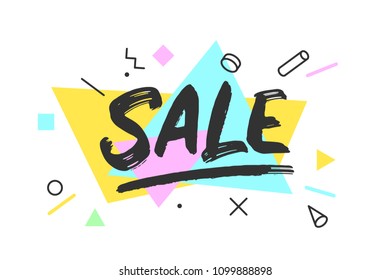 Sale. Banner, speech bubble, poster and sticker, memphis geometric style with text Sale. Icon message Sale cloud talk for banner, poster, web on a white background. Vector Illustration