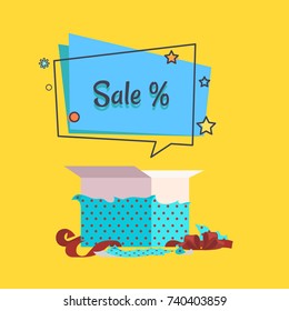Sale % banner with speech bubble vector poster with open present box in dotted blue wrapping and red ribbon vector illustration isolated on yellow