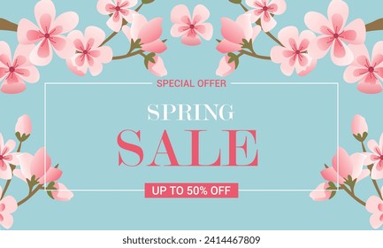 Sale Banner Spring Floral. Background Design with Cherry Blossom. Banner Template. Vector Illustration.