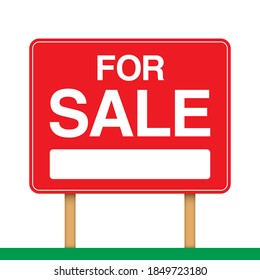 For Sale Banner, Standing On Wooden Poles. Ad Banner For House Or Property Sale. Realty Trade Red Vector Placard.