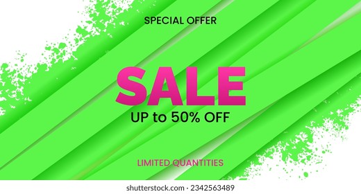 Sale banner with stripes and green ink splashes.