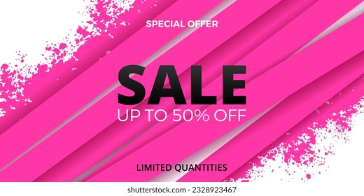 Sale banner with stripes and pink ink splashes.