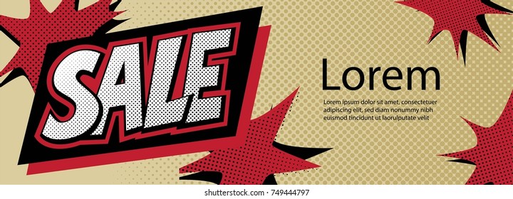 Sale banner in style pop art. For Sale seasons in pop art style. Black friday. For logo, banners, labels, prints, posters, web, presentation. Vector illustration