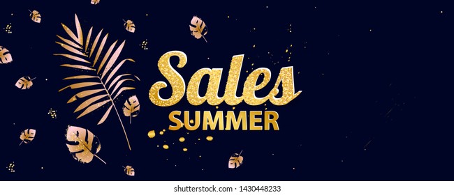 Sale banner summer background tropical gold on dark background. Wedding invitation card botanical design for holiday sales poster, web page