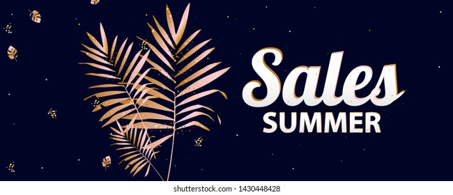 Sale banner summer background tropical gold on dark background. Wedding invitation card botanical design for holiday sales poster, web page
