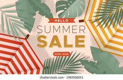 Sale banner with summer beach, two parasols and tropical leaves.