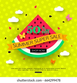 Sale banner with summer juicy watermelon on green background. Vector illustration