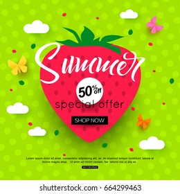 Sale banner with summer ripe strawberries on green background. Vector illustration