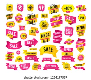 Sale banner. Super mega discounts. Beach holidays icons. Ball, umbrella and flip-flops sandals signs. Summer sun symbol. Black friday. Cyber monday. Vector