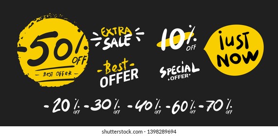 Sale banner. Super mega discounts. Sale arrow tag icons. Discount special offer. 50 , 60 , 70 and 80 percent sale signs. Black friday discounts. Cyber monday Vector