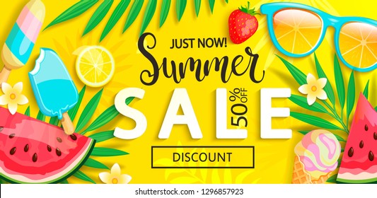 Sale banner with symbols for summer time such as ice cream,watermelon,strawberries,sunglasses,lemon.Vector illustration of discount template card, wallpaper,flyer,invitation, poster,brochure,voucher.