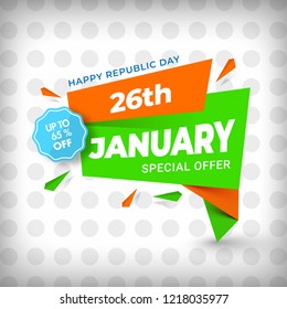 Sale banner or tag design with upto 65% discount offer on polka dot background for 26 January, Republic Day celebration concept.