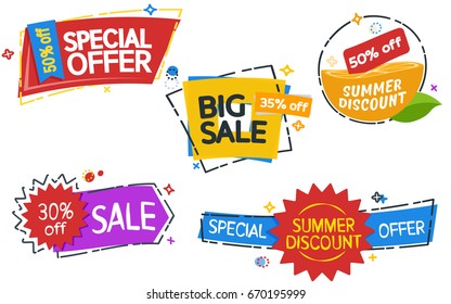 Sale banner tag. Set of colored stickers and banners. Geometric shapes. Big set of beautiful discount and promotion banners. Advertising element. Modern banners in the memphis style