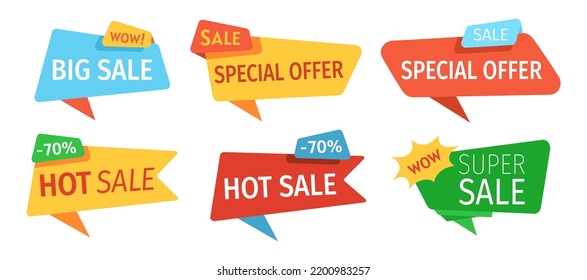 Sale banner tag template set. Advertising offer discount sign banner of sales, promotion background. Super sale, discount mockup collection. Isolated vector illustration