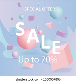 Sale  banner template, 3d figures realistic vector primitives composition minimal with flying objects and  shapes in motion isolated on, material design for web and print futuristic decoration