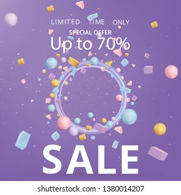 Sale  banner template, 3d figures realistic vector primitives composition minimal with flying objects and  shapes in motion isolated on, material design for web and print futuristic decoration