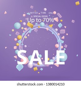 Sale  banner template, 3d figures realistic vector primitives composition minimal with flying objects and  shapes in motion isolated on, material design for web and print futuristic decoration