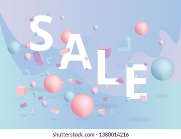 Sale  banner template, 3d figures realistic vector primitives composition minimal with flying objects and  shapes in motion isolated on, material design for web and print futuristic decoration