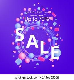 Sale  banner template, 3d figures realistic vector primitives composition minimal with flying objects and  shapes in motion isolated on, material design for web and print futuristic decoration