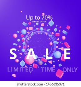 Sale  banner template, 3d figures realistic vector primitives composition minimal with flying objects and  shapes in motion isolated on, material design for web and print futuristic decoration