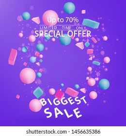 Sale  banner template, 3d figures realistic vector primitives composition minimal with flying objects and  shapes in motion isolated on, material design for web and print futuristic decoration