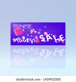 Sale  banner template, 3d figures realistic vector primitives composition minimal with flying objects and  shapes in motion isolated on, material design for web and print futuristic decoration