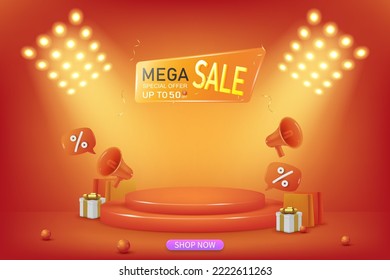 Sale banner template with 3d podium scene on orange background. Special Offer Sale 50% Off campaign or promotion. Flash sale banner template design for web or social media.