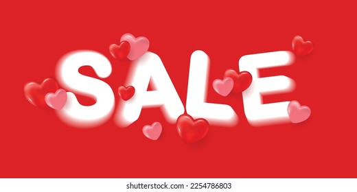 Sale banner template with 3D red and pink hearts on red background. Valentine's Day concept. Symol love. Vector illustration.