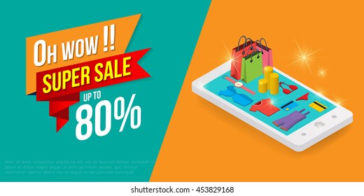 Sale banner template 80% off . Vector concept of  online shop