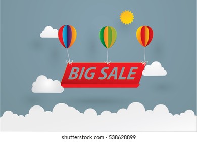 Sale banner template with ballons, could, and the sun. origami design