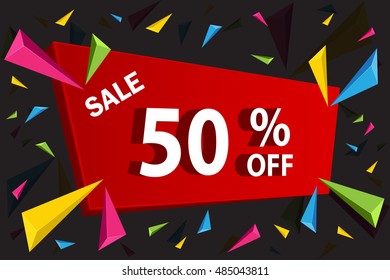 Sale banner template for corporate business. Discount sale 50% off on red banner with colorful geometric 3D triangle on black background.