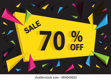 Sale banner template for corporate business. Discount sale 70% off on yellow banner with colorful geometric 3D tringle on black background.