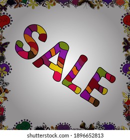 Verkaufe Bannervorlage mit süßen Elementen auf buntem Hintergrund. Karte zum Einkaufen. Vektorgrafik. Sommerhintergrund. Nahtloses Muster. Promotion Angebot mit Elementen Dekoration in violetten, schwarzen, weißen Farben.