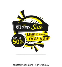 Sale banner template design, up to 50%. Black yellow super sale banner template vector label shopping with flat style. Advertisement promotion banner. Vector 